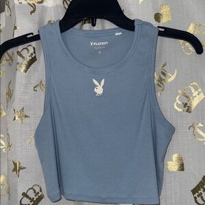 PLAYBOY Light Blue Ribbed Crop Tank with Bunny Logo